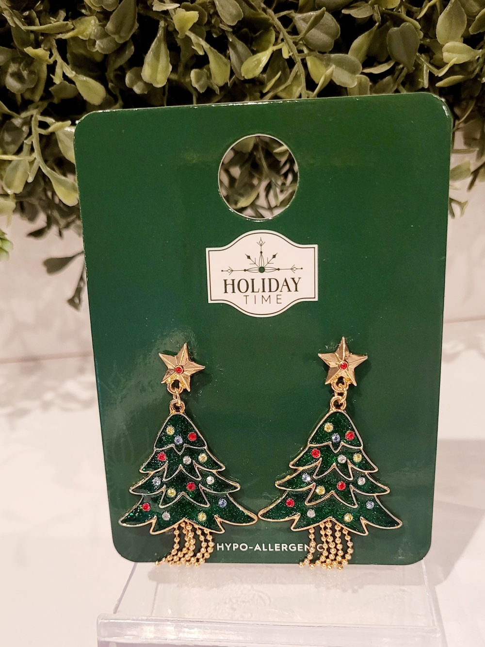 Holiday Time Studded Gold Green and Red Christmas Tree Dangle Earrings